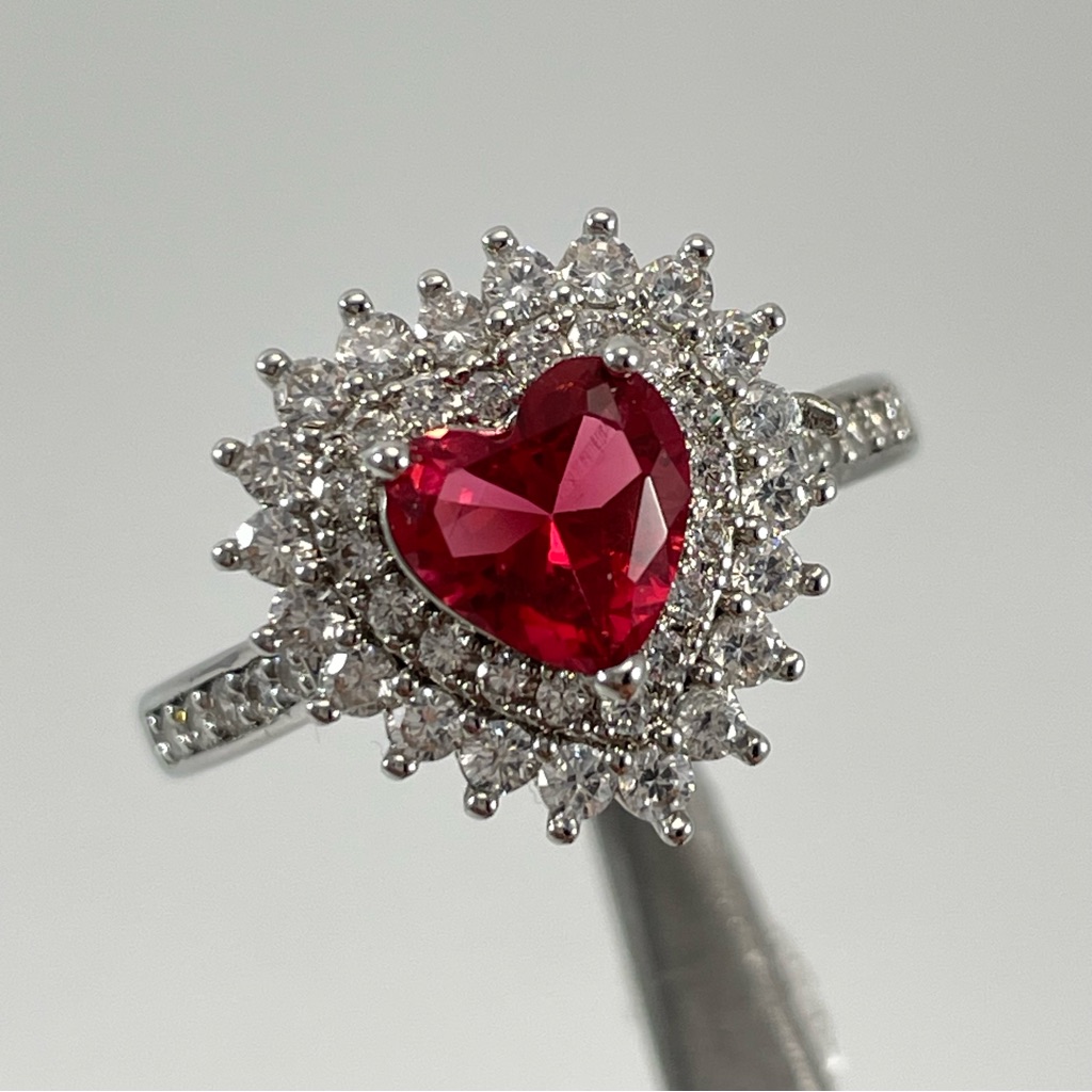 Beautiful Elegant Heart Cut Double Halo Red Ruby Diamond Cz Silver Plated Ring